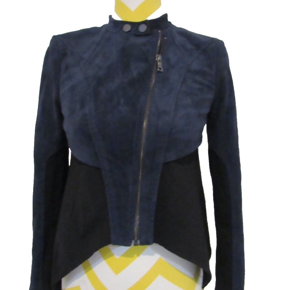 BCBGMAXAZRIA Suede Fabric Button Crew Neck Zip Cropped Navy Jacket XXS